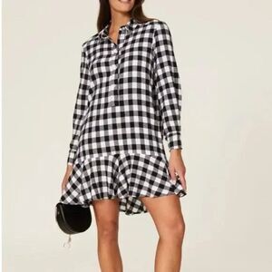 Slate & Willow Buffalo Plaid Black White Button Up Ruffle hem mini Shirt Dress S